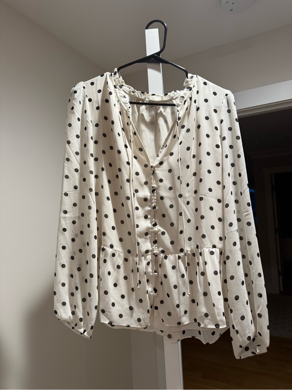 Polka Dot Peplum Button-Front Blouse - Cream with Black Dots